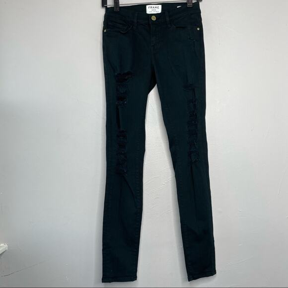 FRAME Skinny Jeans Womens Size 26 Green Distressed Destroyed Grunge Rocker Punk - Picture 2 of 11